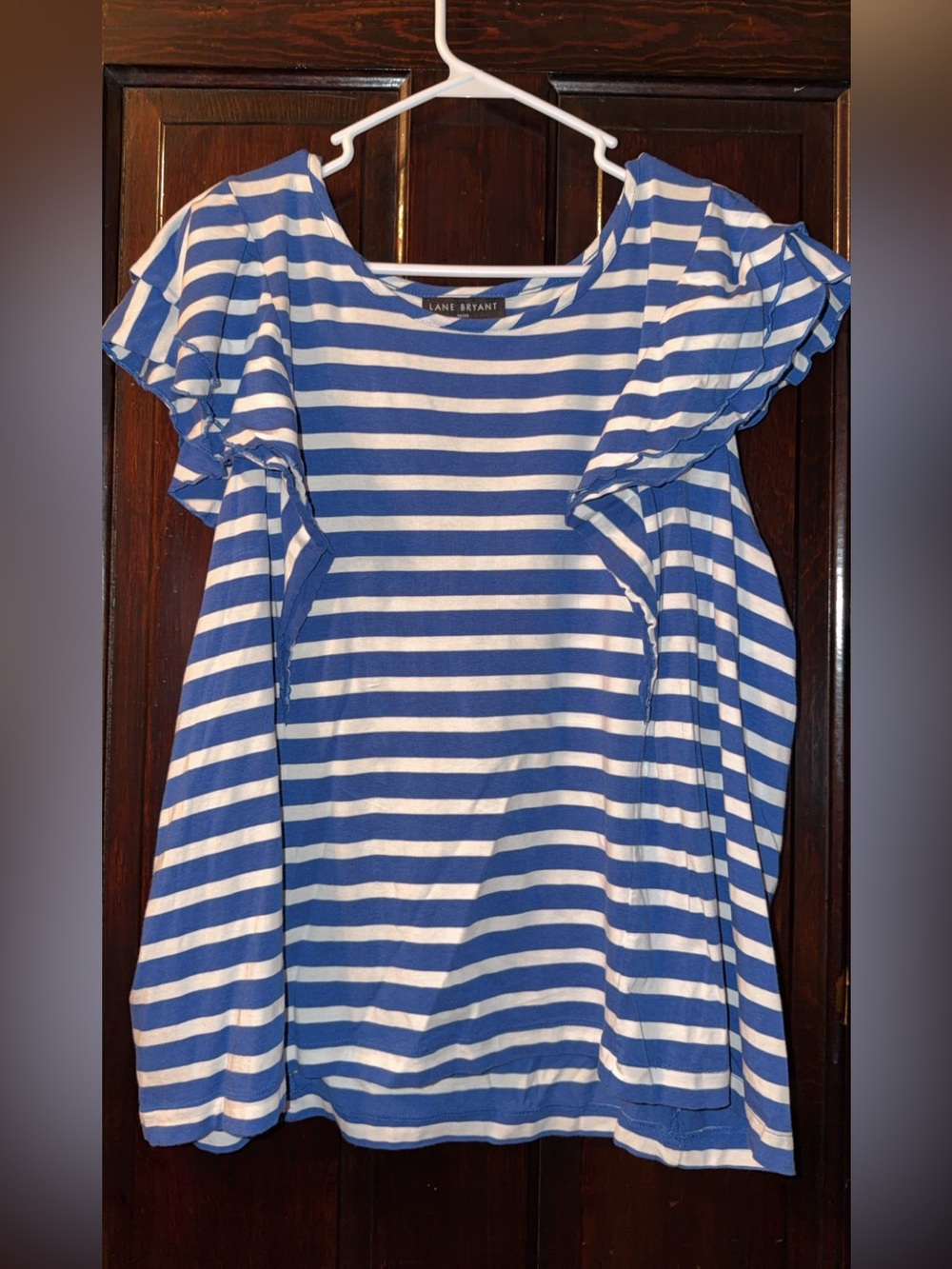 Lane Bryant Blue and White Striped Ruffle Sleeve Tee